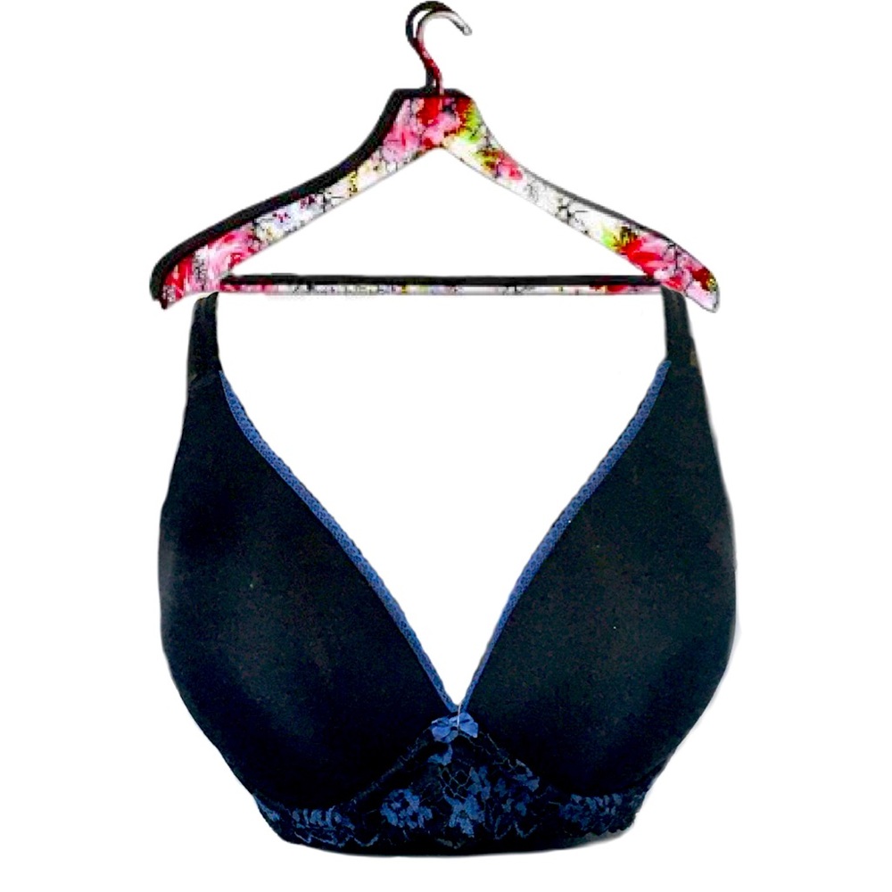 Adore Me Bra Black with Blue Lace Floral Design Women's 34F (34DDD) - Picture 2 of 11